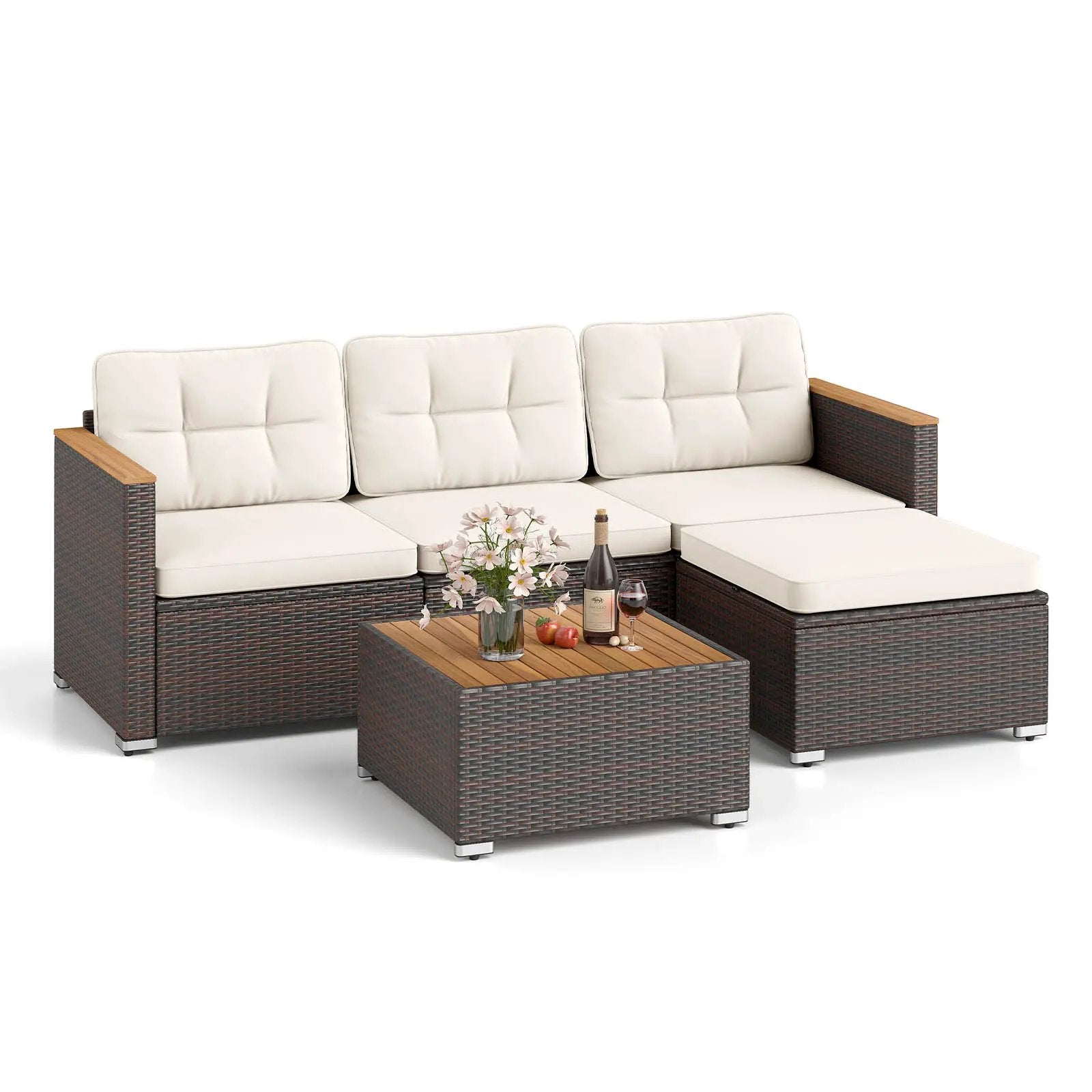 5-Piece Wicker Conversation Set Rattan Set with Cushions and Coffee Table-White by DirectDeals
