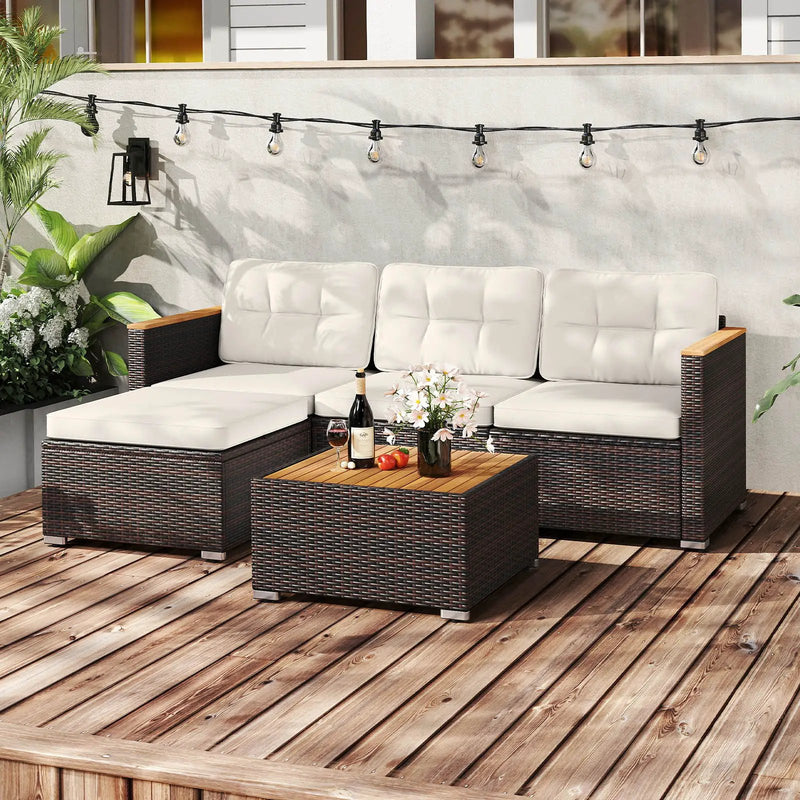 5-Piece Wicker Conversation Set Rattan Set with Cushions and Coffee Table-White by DirectDeals