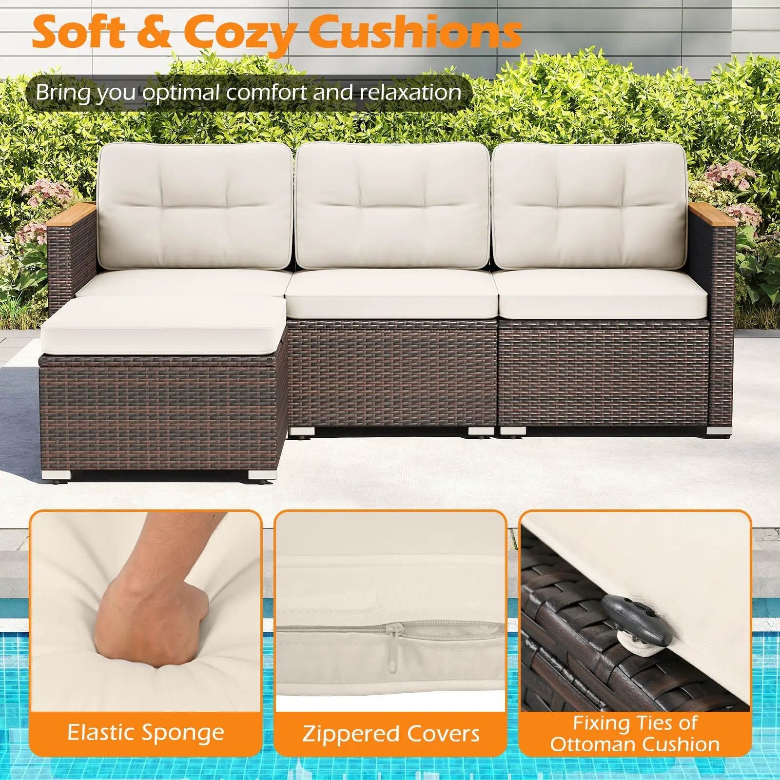 5-Piece Wicker Conversation Set Rattan Set with Cushions and Coffee Table-White by DirectDeals