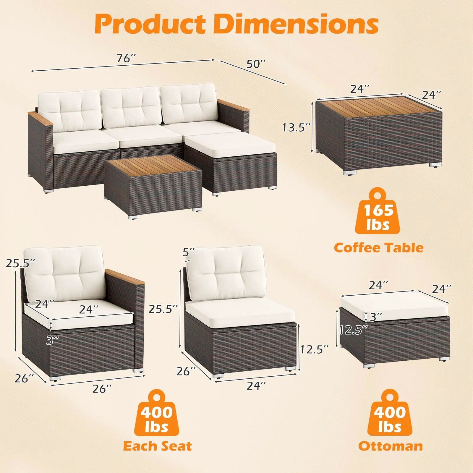 5-Piece Wicker Conversation Set Rattan Set with Cushions and Coffee Table-White by DirectDeals