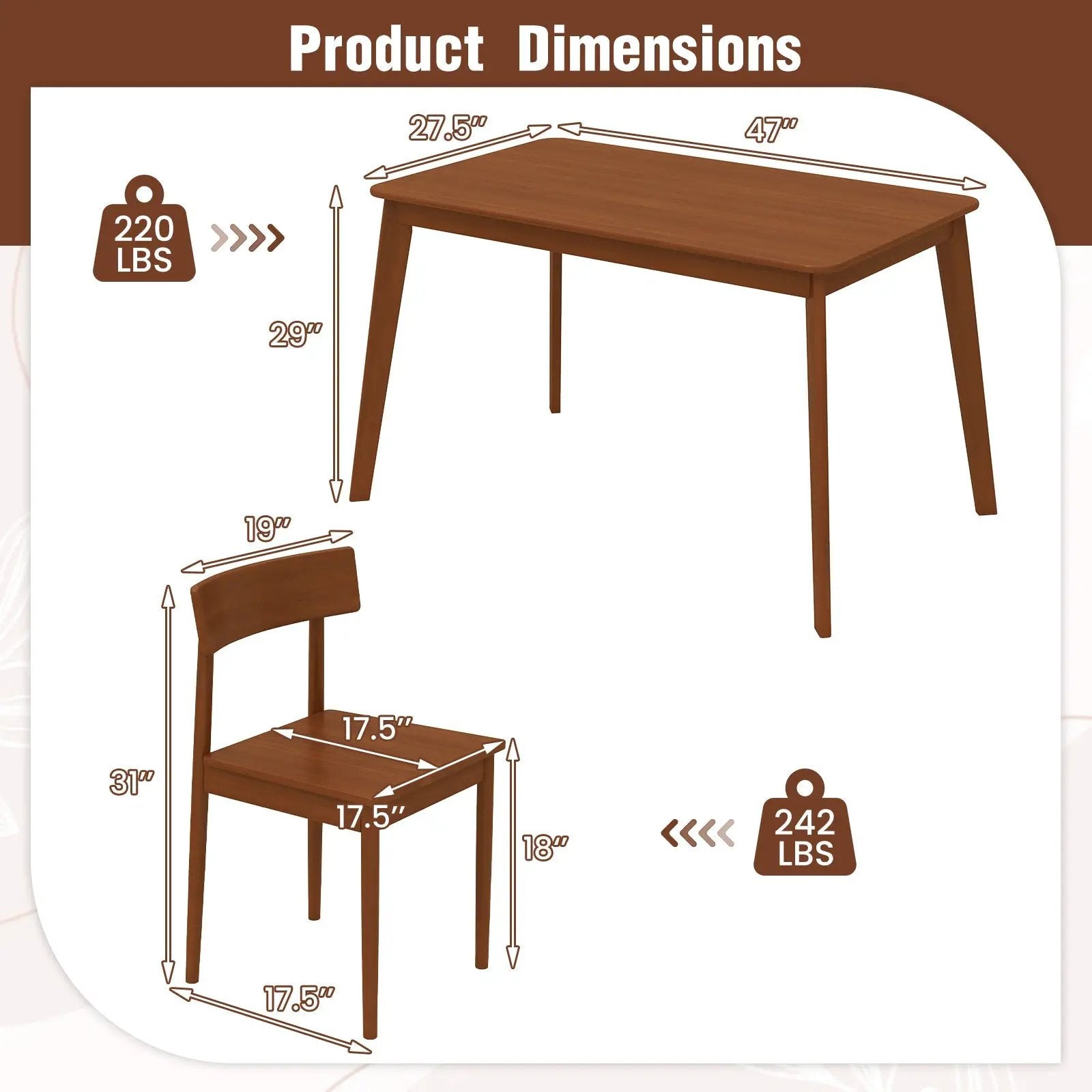 5 Piece Wood Dining Table Set with Rubber Wood Frame and 4 Chairs-Walnut by DirectDeals