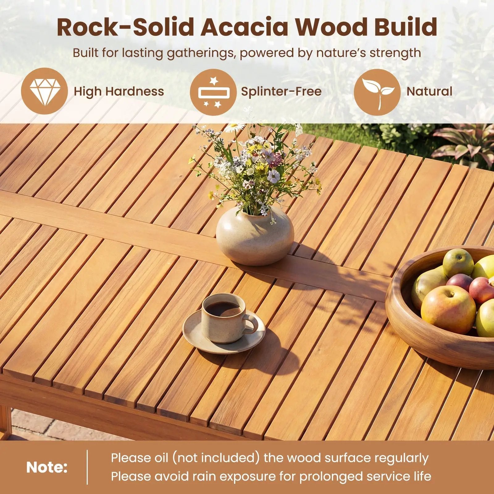 Outdoor Acacia Wood Dining Table with Slatted Tabletop for Garden by DirectDeals