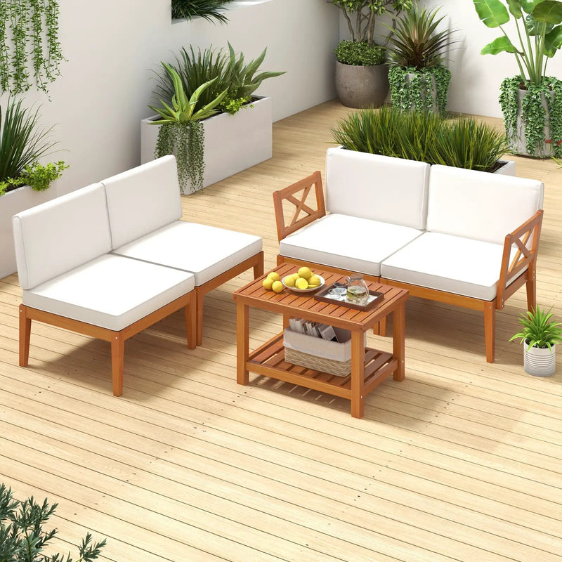 5 Pieces Acacia Wood Patio Furniture Set Outdoor Sectional Conversation Set with Cushions-Off White by DirectDeals