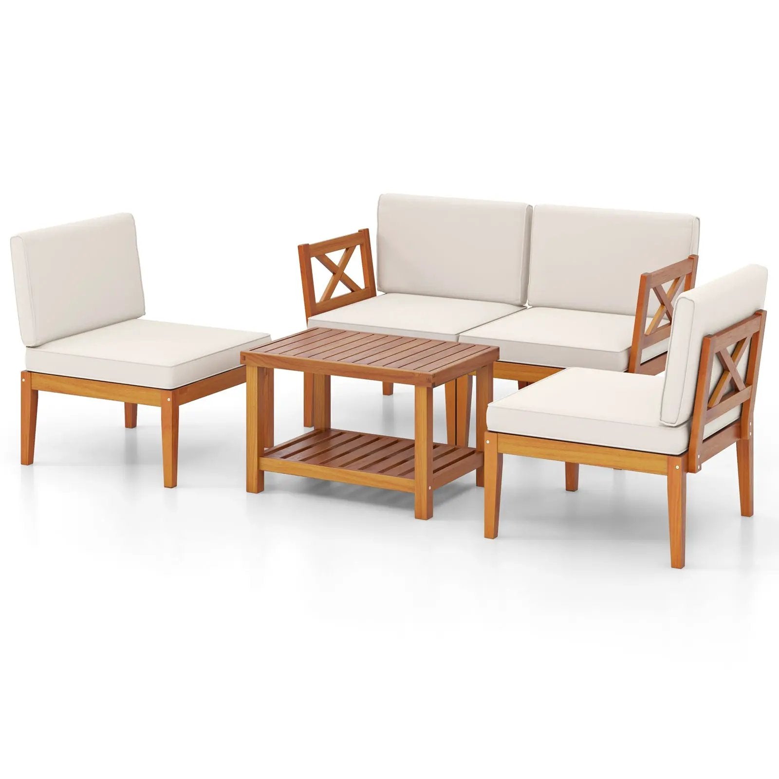 5 Pieces Acacia Wood Patio Furniture Set Outdoor Sectional Conversation Set with Cushions-Off White by DirectDeals