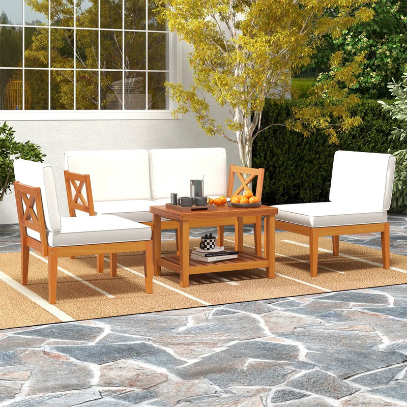 5 Pieces Acacia Wood Patio Furniture Set Outdoor Sectional Conversation Set with Cushions-Off White by DirectDeals