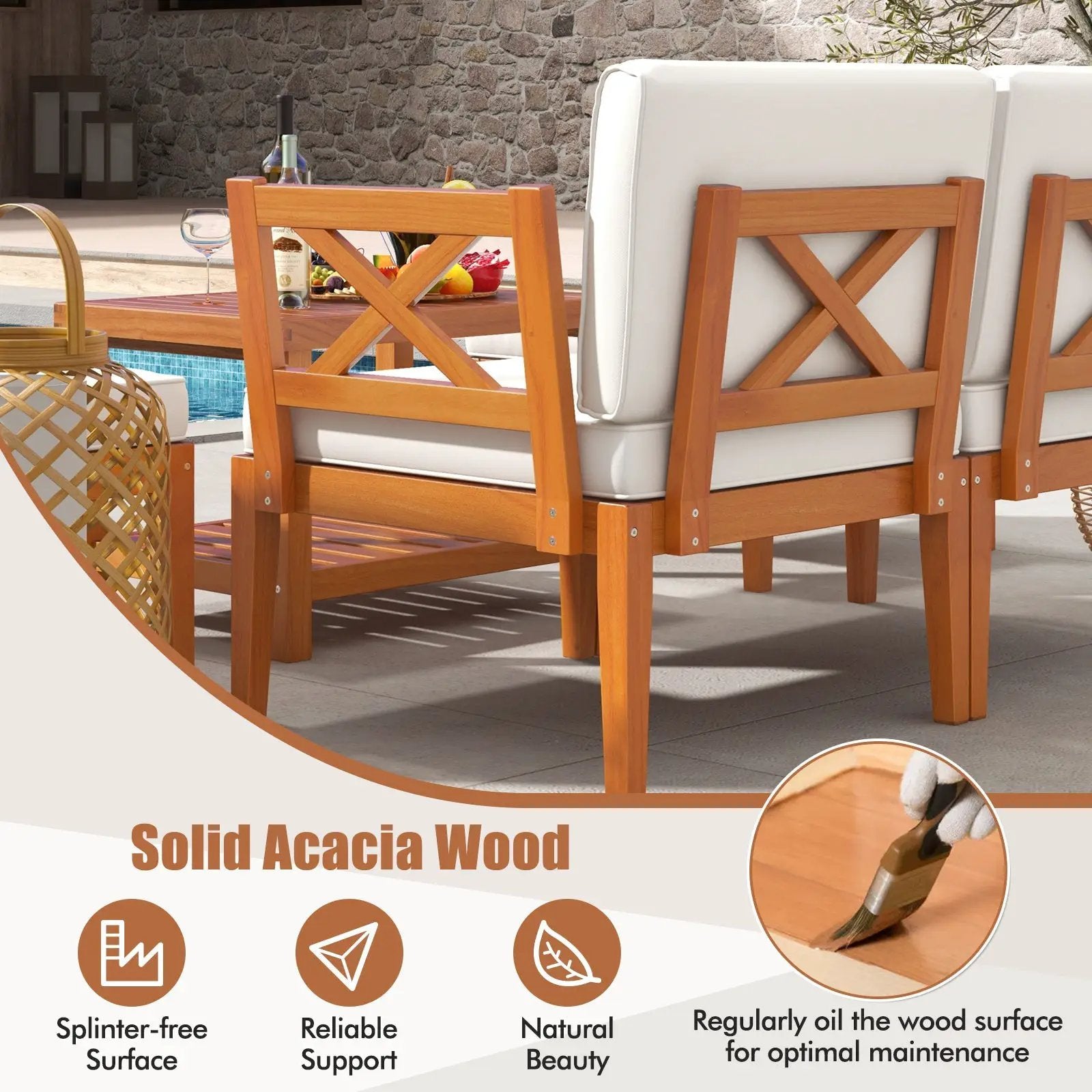 5 Pieces Acacia Wood Patio Furniture Set Outdoor Sectional Conversation Set with Cushions-Off White by DirectDeals