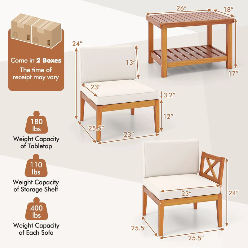 5 Pieces Acacia Wood Patio Furniture Set Outdoor Sectional Conversation Set with Cushions-Off White by DirectDeals