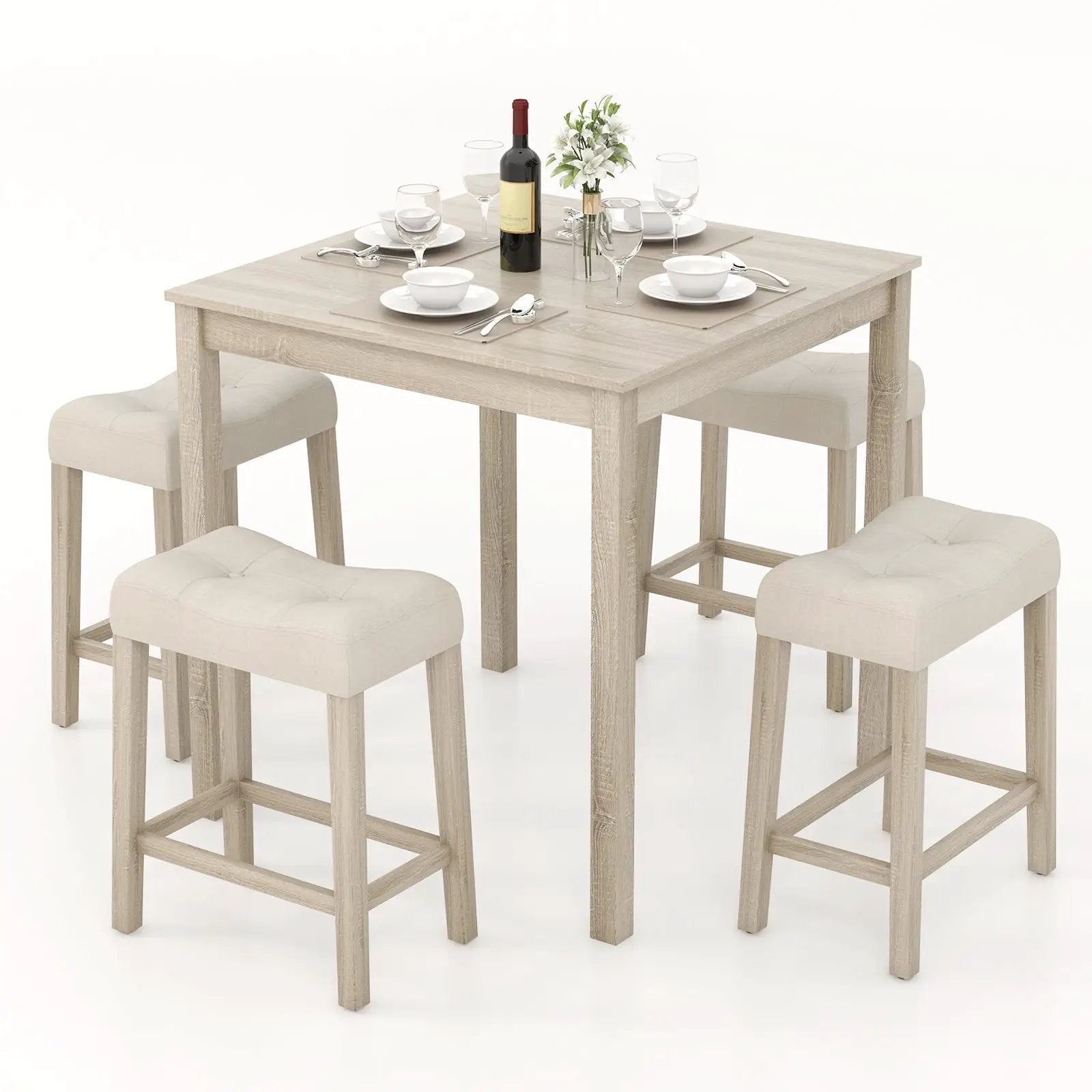 5 Pieces Bar Table Set with Square Table and 4 Padded Stools-Gray by DirectDeals