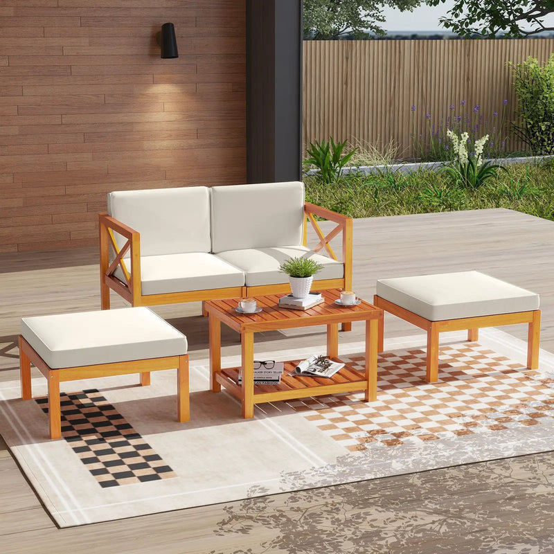 5 Pieces Acacia Wood Patio Lounge Chair Set with Ottomans and Cushions-White by DirectDeals