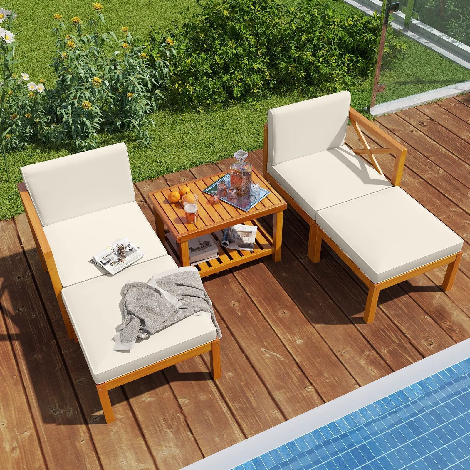 5 Pieces Acacia Wood Patio Lounge Chair Set with Ottomans and Cushions-White by DirectDeals