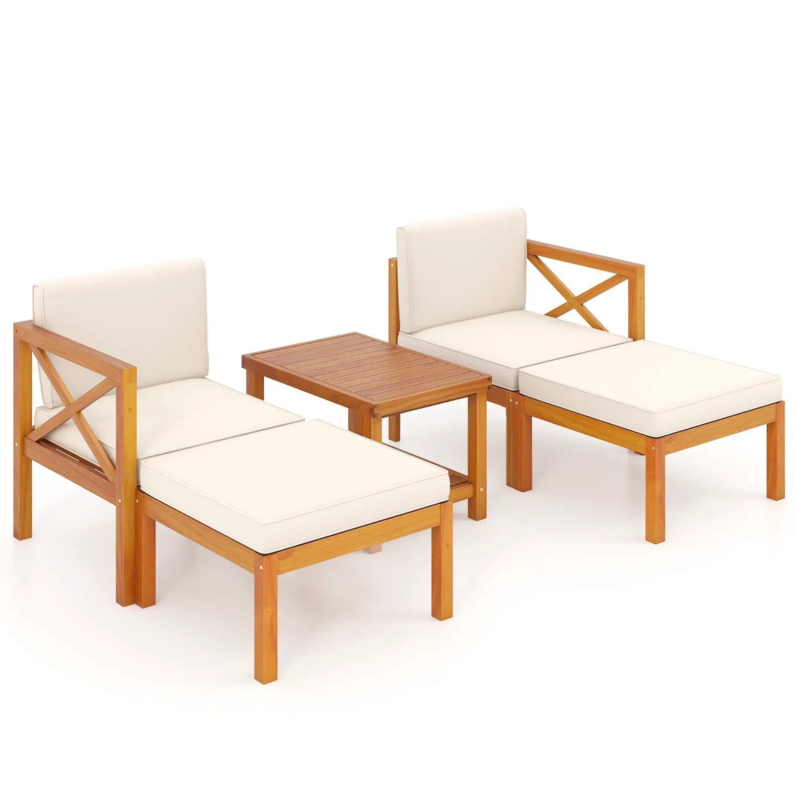 5 Pieces Acacia Wood Patio Lounge Chair Set with Ottomans and Cushions-White by DirectDeals