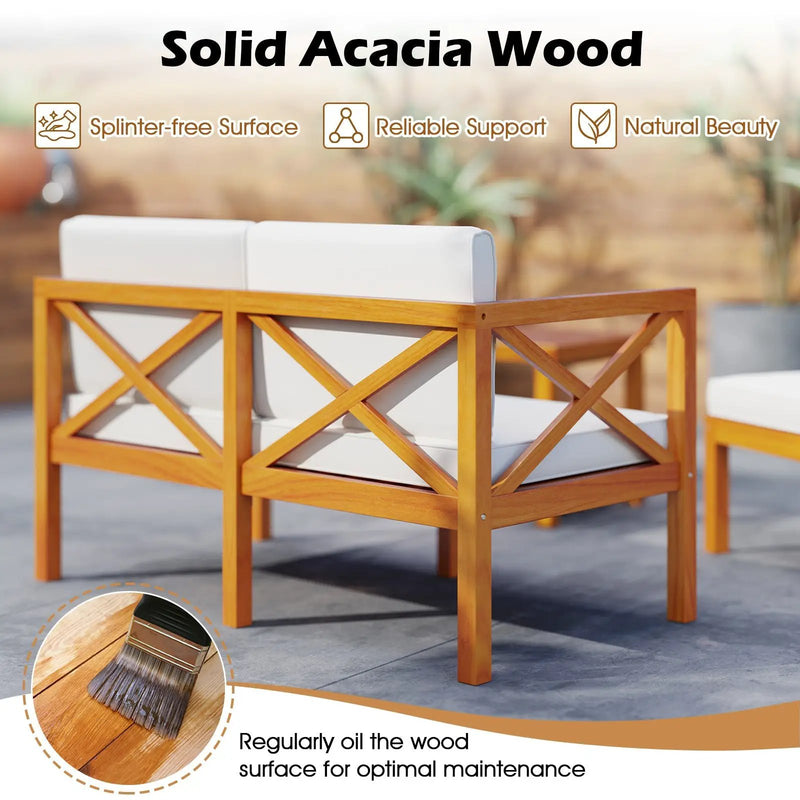 5 Pieces Acacia Wood Patio Lounge Chair Set with Ottomans and Cushions-White by DirectDeals
