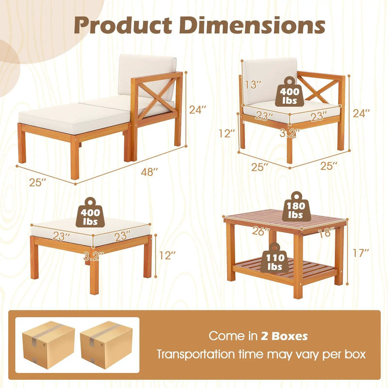 5 Pieces Acacia Wood Patio Lounge Chair Set with Ottomans and Cushions-White by DirectDeals