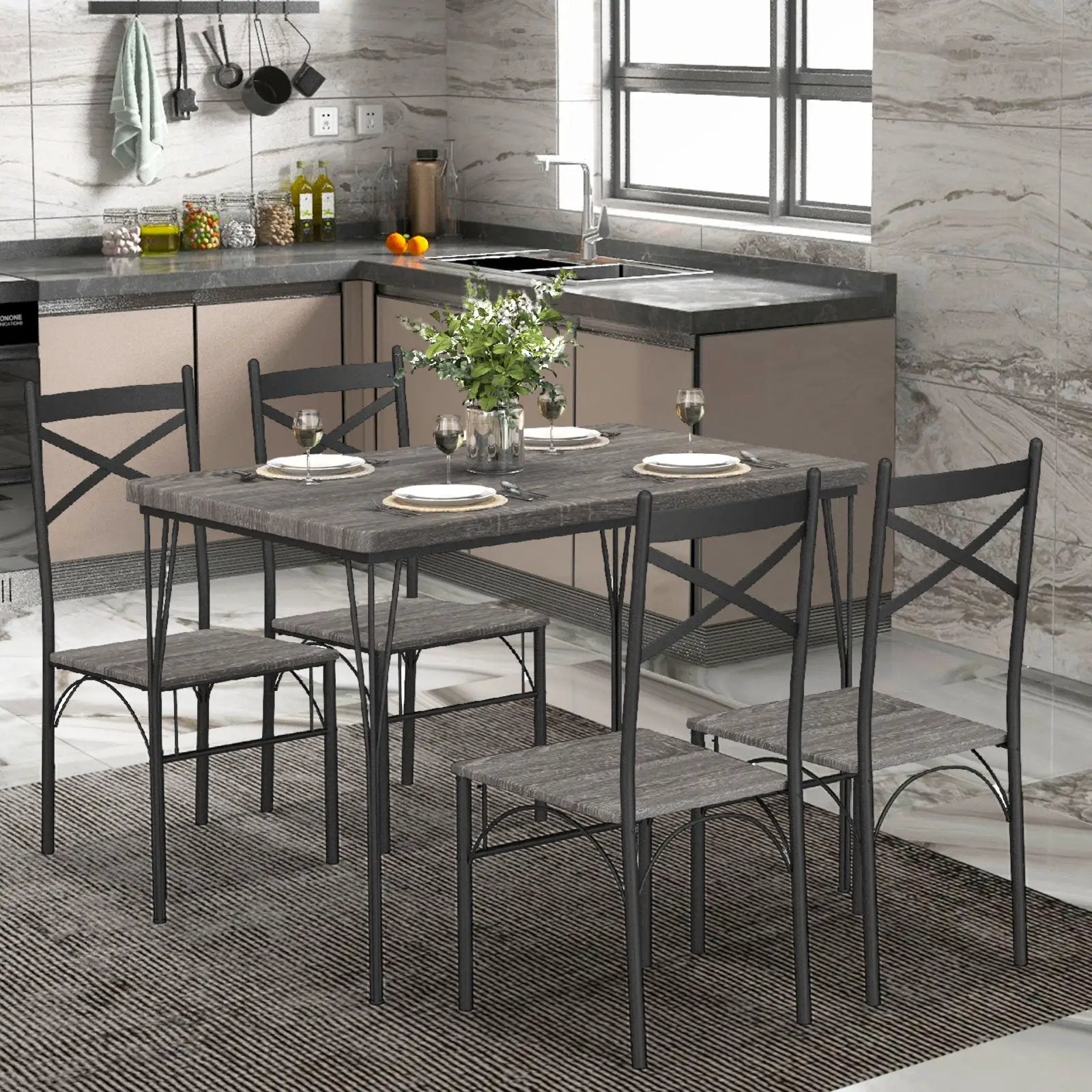 5 Pieces Dining Table Set with Metal Frame for Kitchen Dining Room-Gray by DirectDeals