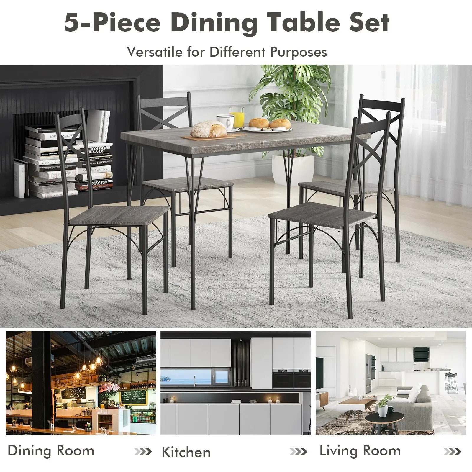 5 Pieces Dining Table Set with Metal Frame for Kitchen Dining Room-Gray by DirectDeals
