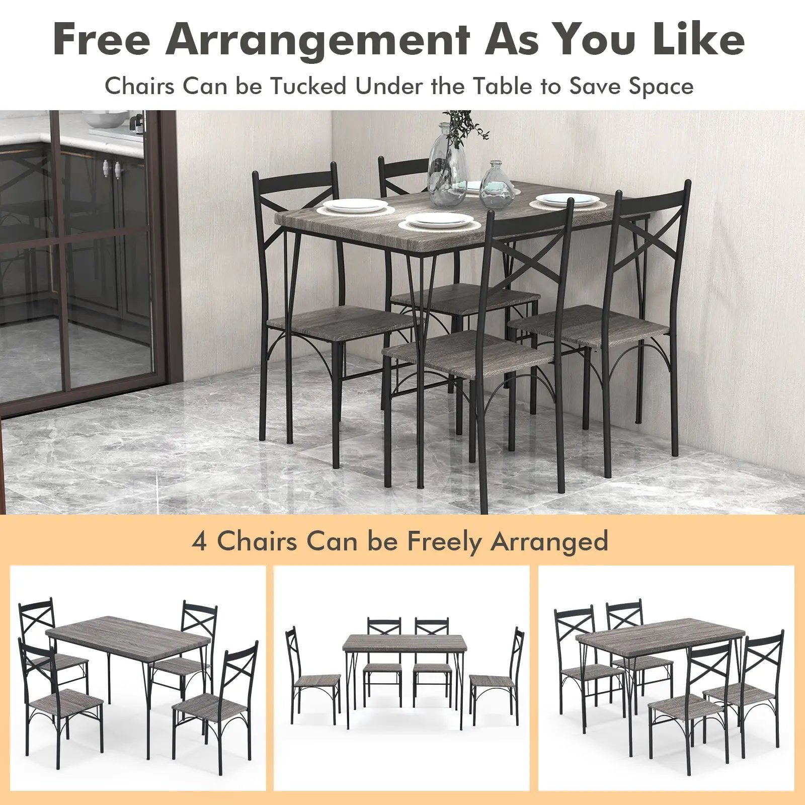 5 Pieces Dining Table Set with Metal Frame for Kitchen Dining Room-Gray by DirectDeals
