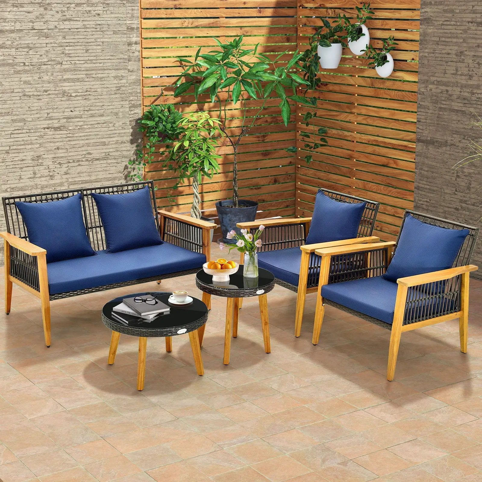 5 Piece Outdoor Conversation Set with 2 Coffee Tables for Backyard Poolside-Navy by DirectDeals
