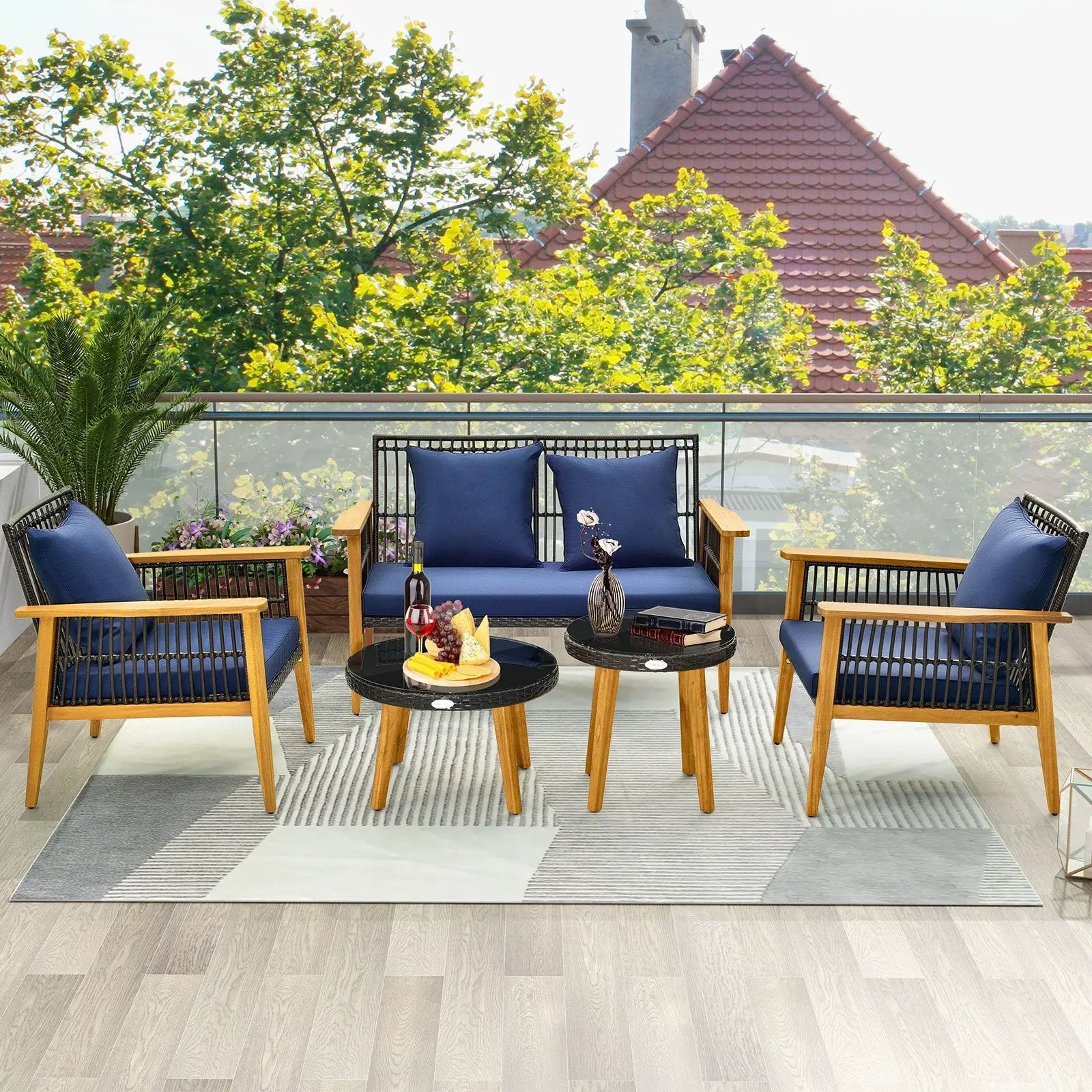 5 Piece Outdoor Conversation Set with 2 Coffee Tables for Backyard Poolside-Navy by DirectDeals