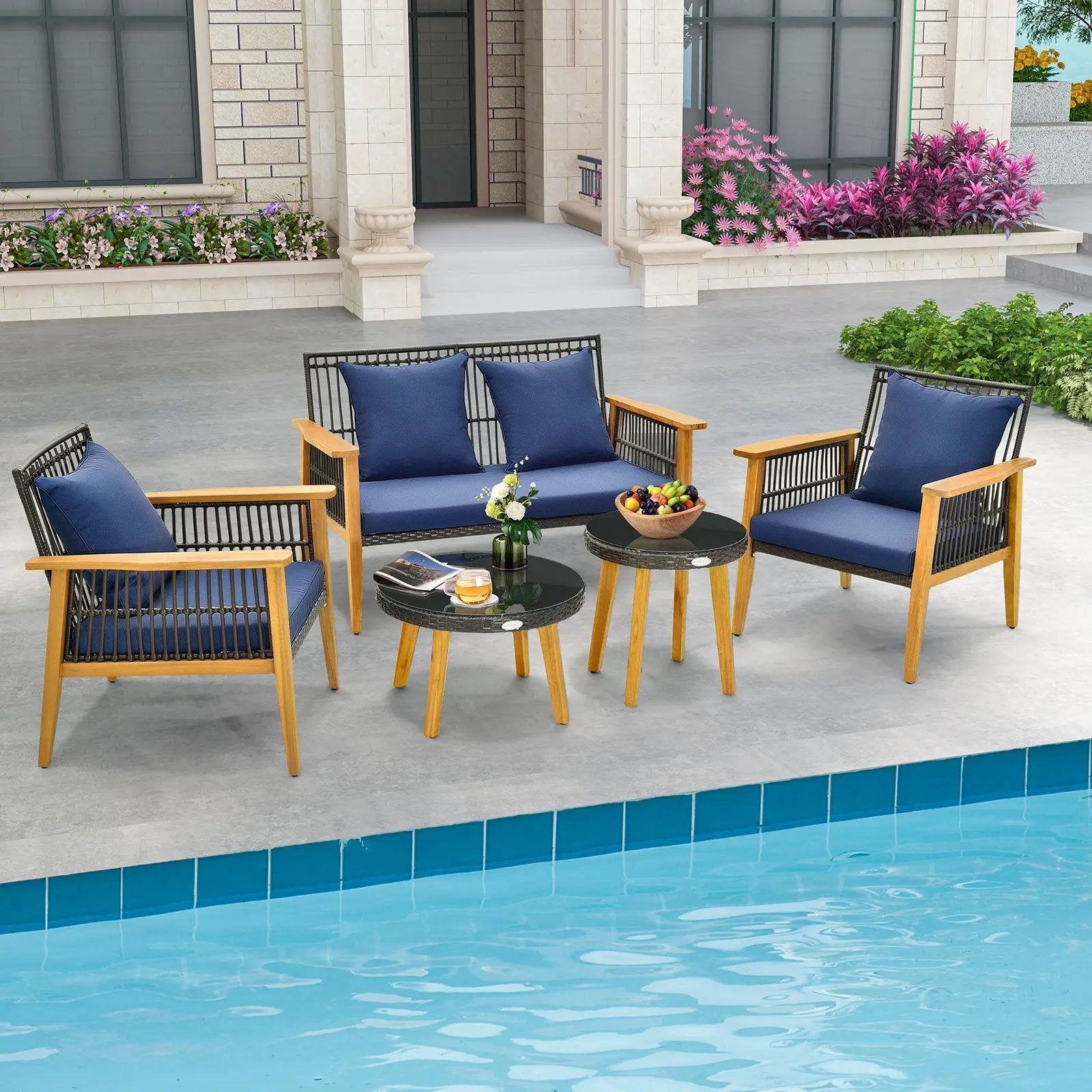 5 Piece Outdoor Conversation Set with 2 Coffee Tables for Backyard Poolside-Navy by DirectDeals