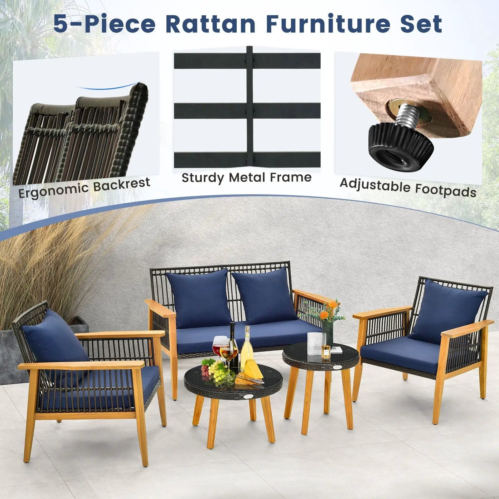 5 Piece Outdoor Conversation Set with 2 Coffee Tables for Backyard Poolside-Navy by DirectDeals