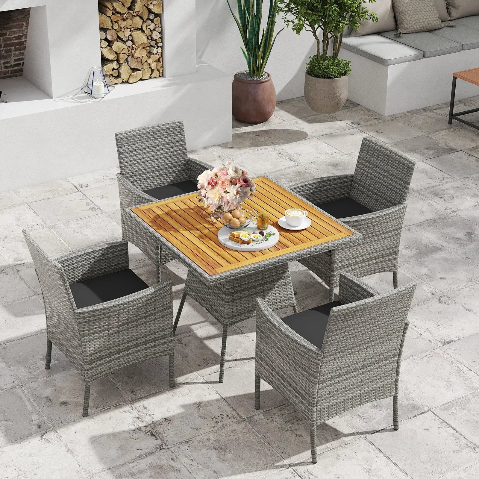 5 Pieces PE Wicker Patio Dining Set Outdoor Acacia Wood Table and Chairs-Black by DirectDeals