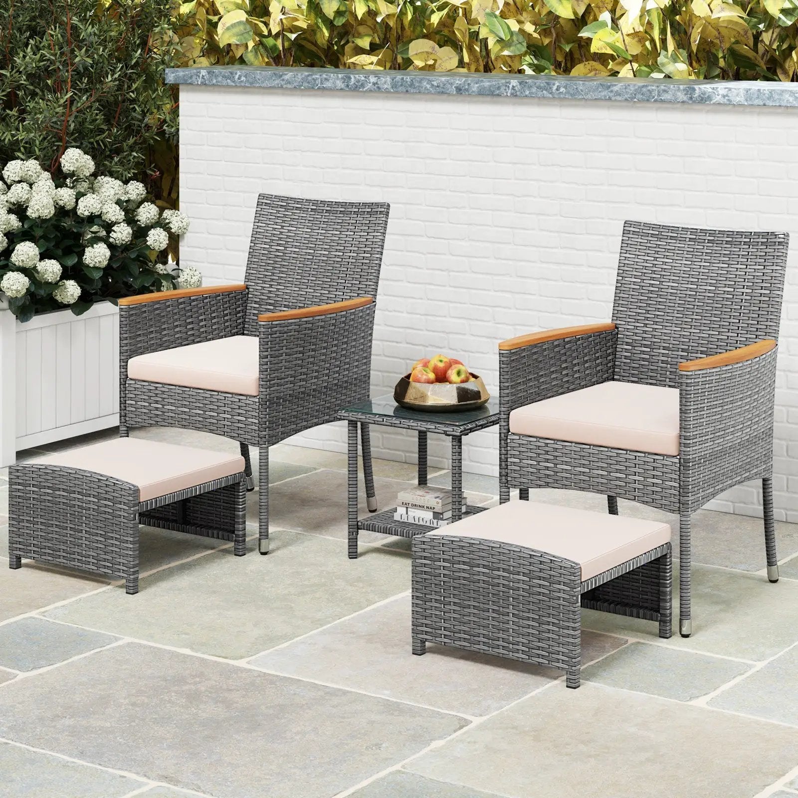 5 Pieces Patio Conversation Set with Soft Cushions and Ottomans-Beige by DirectDeals