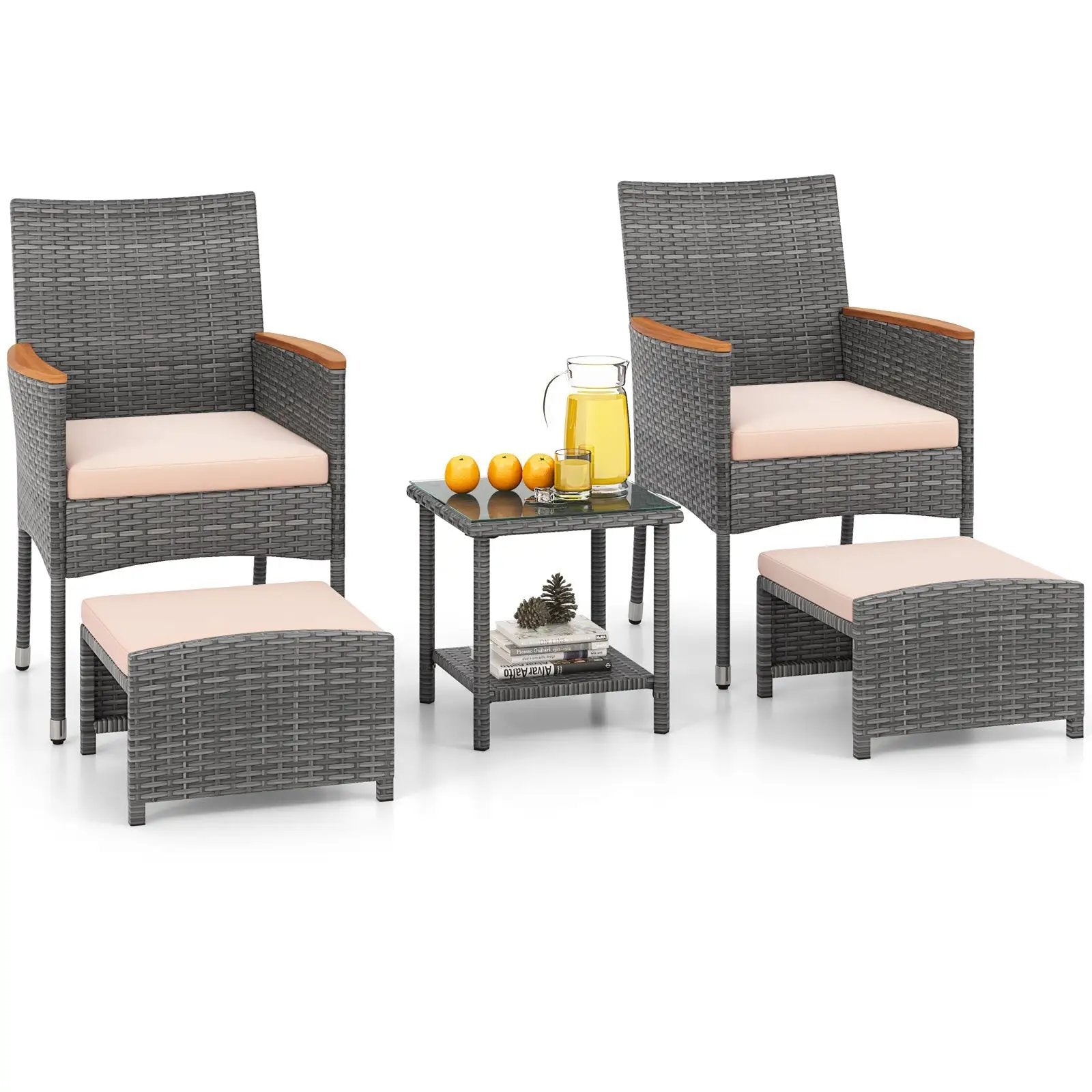5 Pieces Patio Conversation Set with Soft Cushions and Ottomans-Beige by DirectDeals