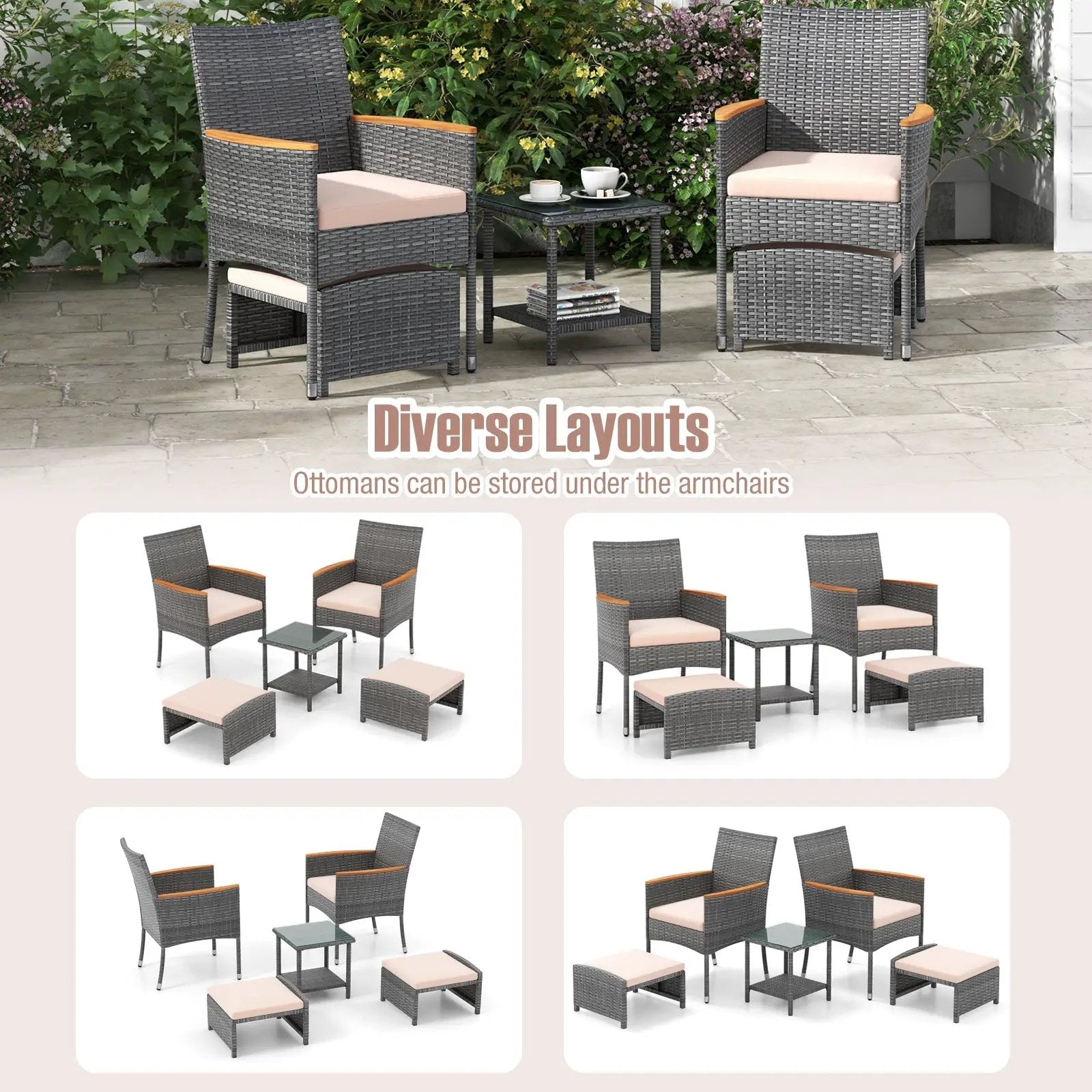 5 Pieces Patio Conversation Set with Soft Cushions and Ottomans-Beige by DirectDeals