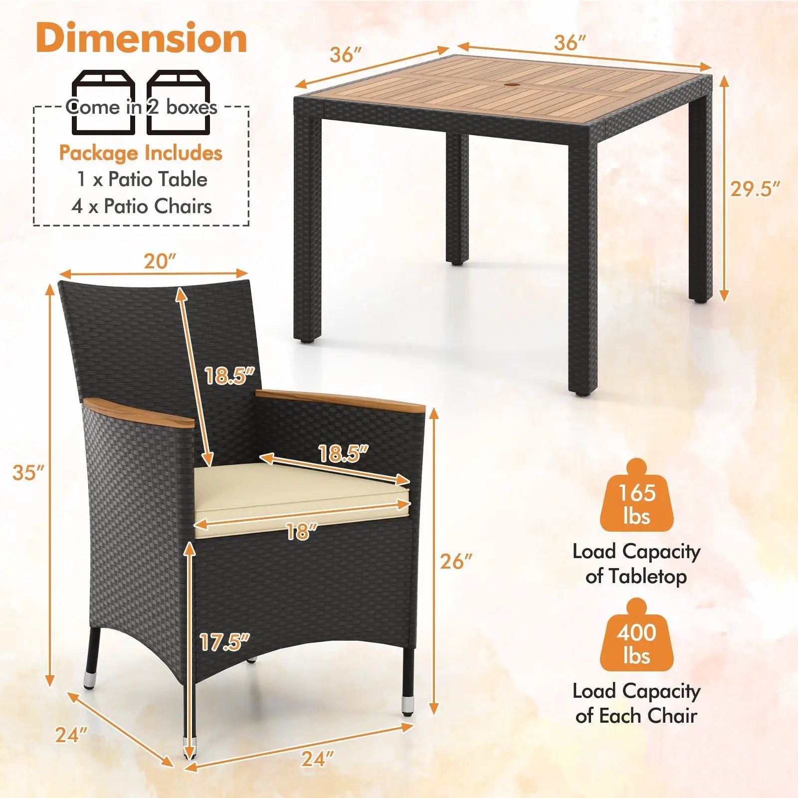 5 Pieces Patio Dining Table Set for 4 with Umbrella Hole by DirectDeals