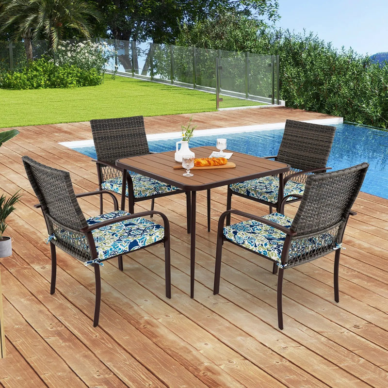 5 Pieces Patio Dining Set 4 Cushioned Rattan Armchairs and Square Table by DirectDeals