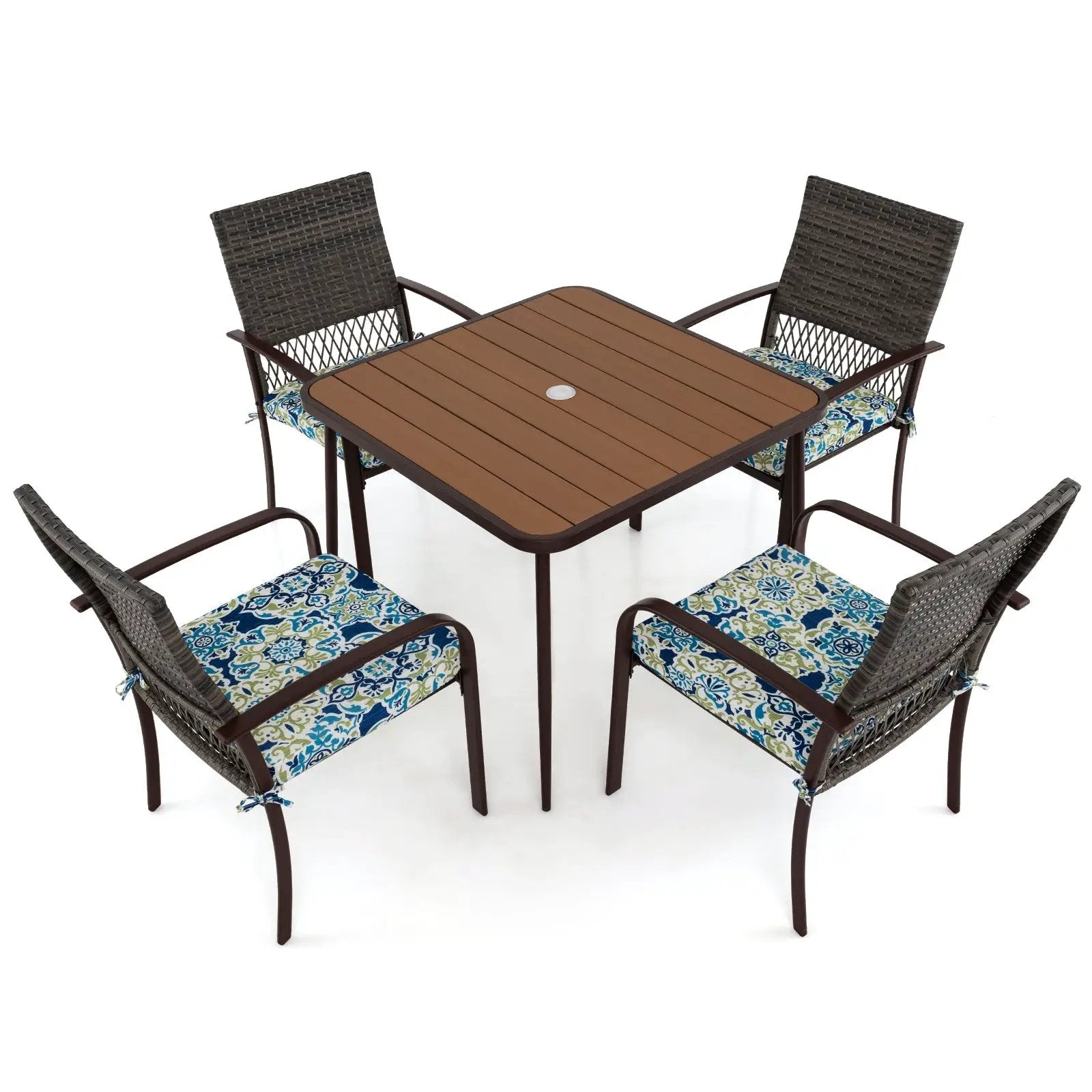 5 Pieces Patio Dining Set 4 Cushioned Rattan Armchairs and Square Table by DirectDeals