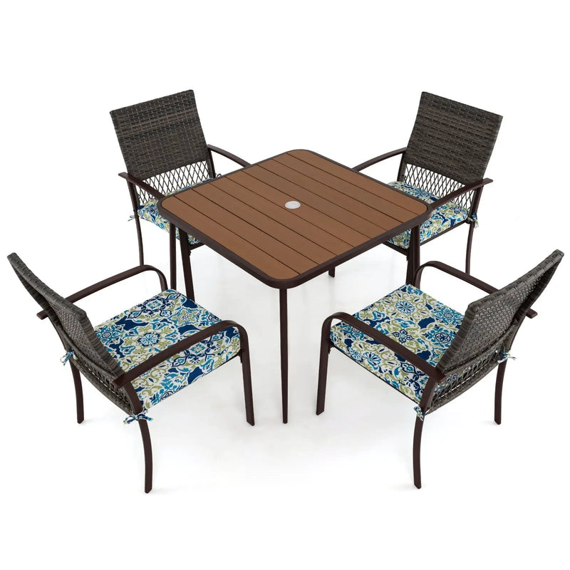 5 Pieces Patio Dining Set 4 Cushioned Rattan Armchairs and Square Table by DirectDeals