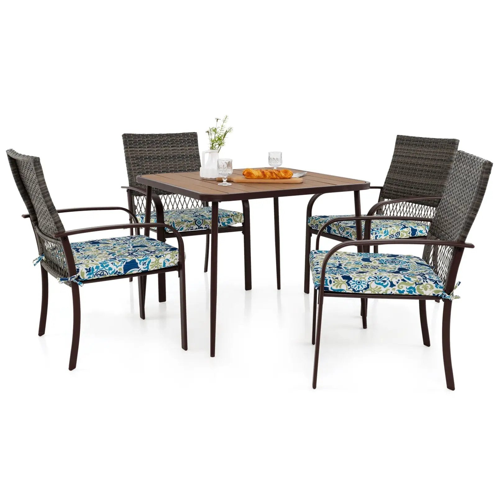 5 Pieces Patio Dining Set 4 Cushioned Rattan Armchairs and Square Table by DirectDeals