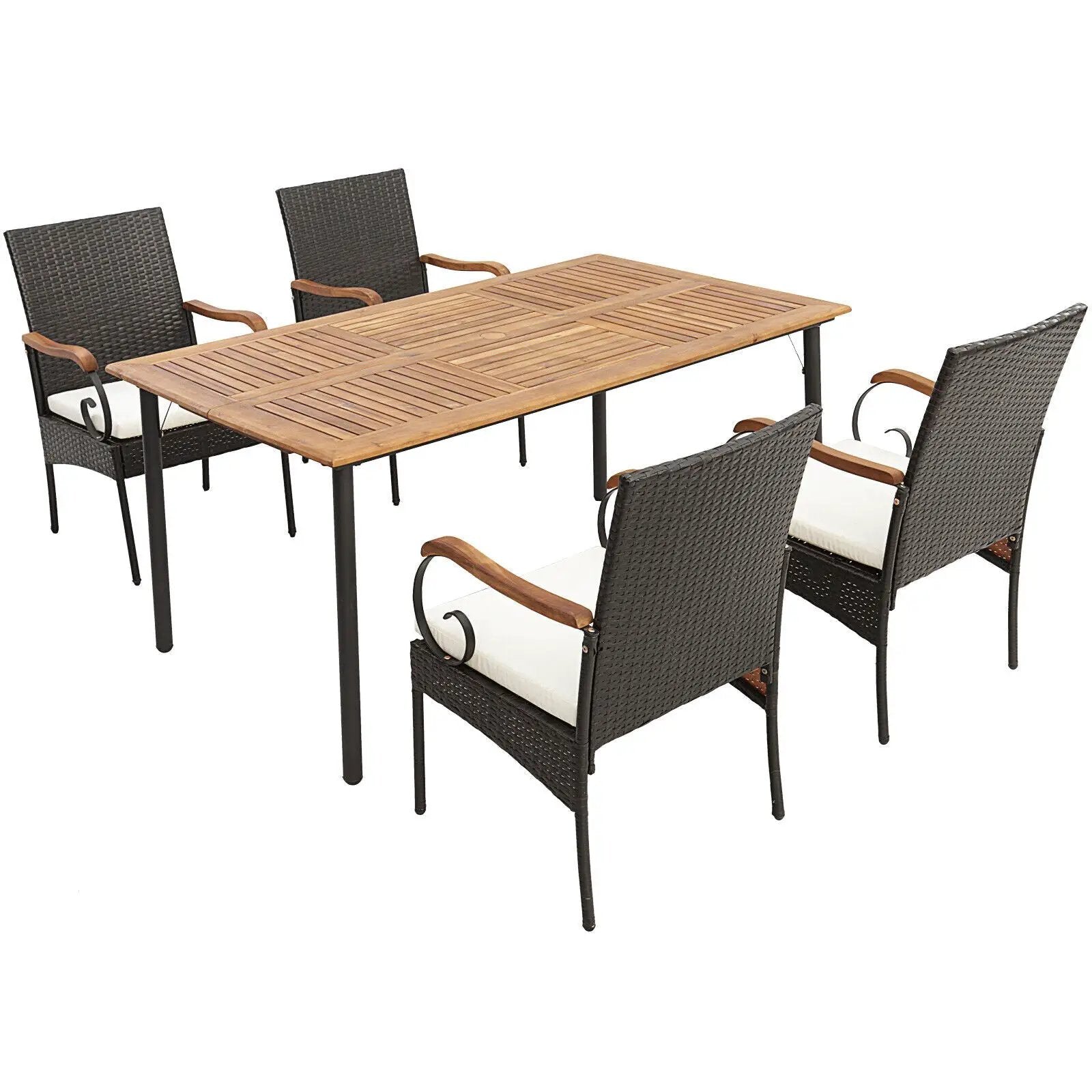 5 Pieces Patio Wicker Dining Set with Detachable Cushion and Umbrella Hole by DirectDeals