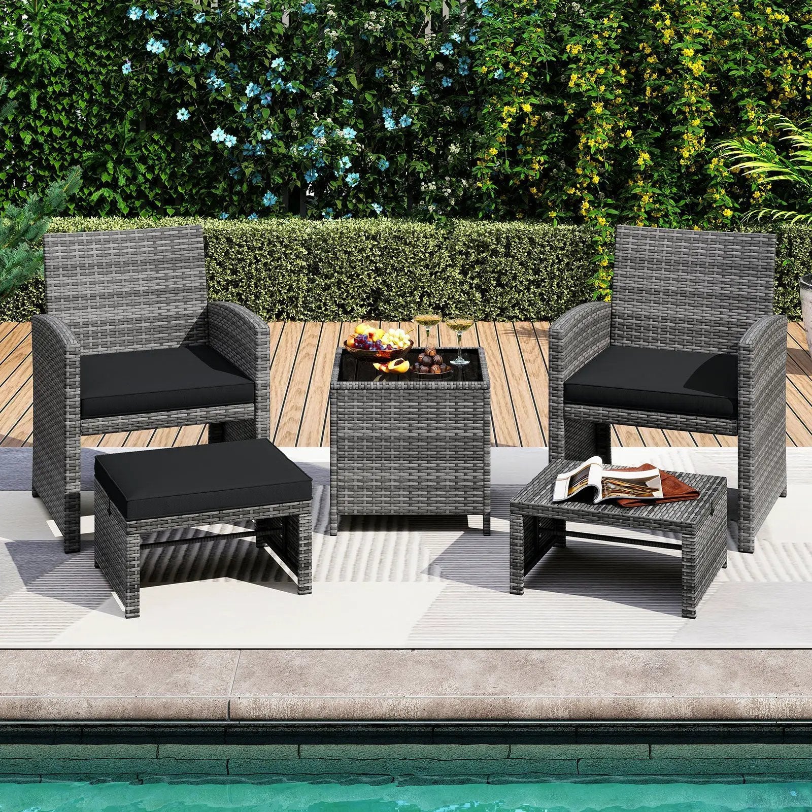 5 Pieces Patio Furniture Set PE Wicker Outdoor Lounge Chairs with 2 Ottomans by DirectDeals
