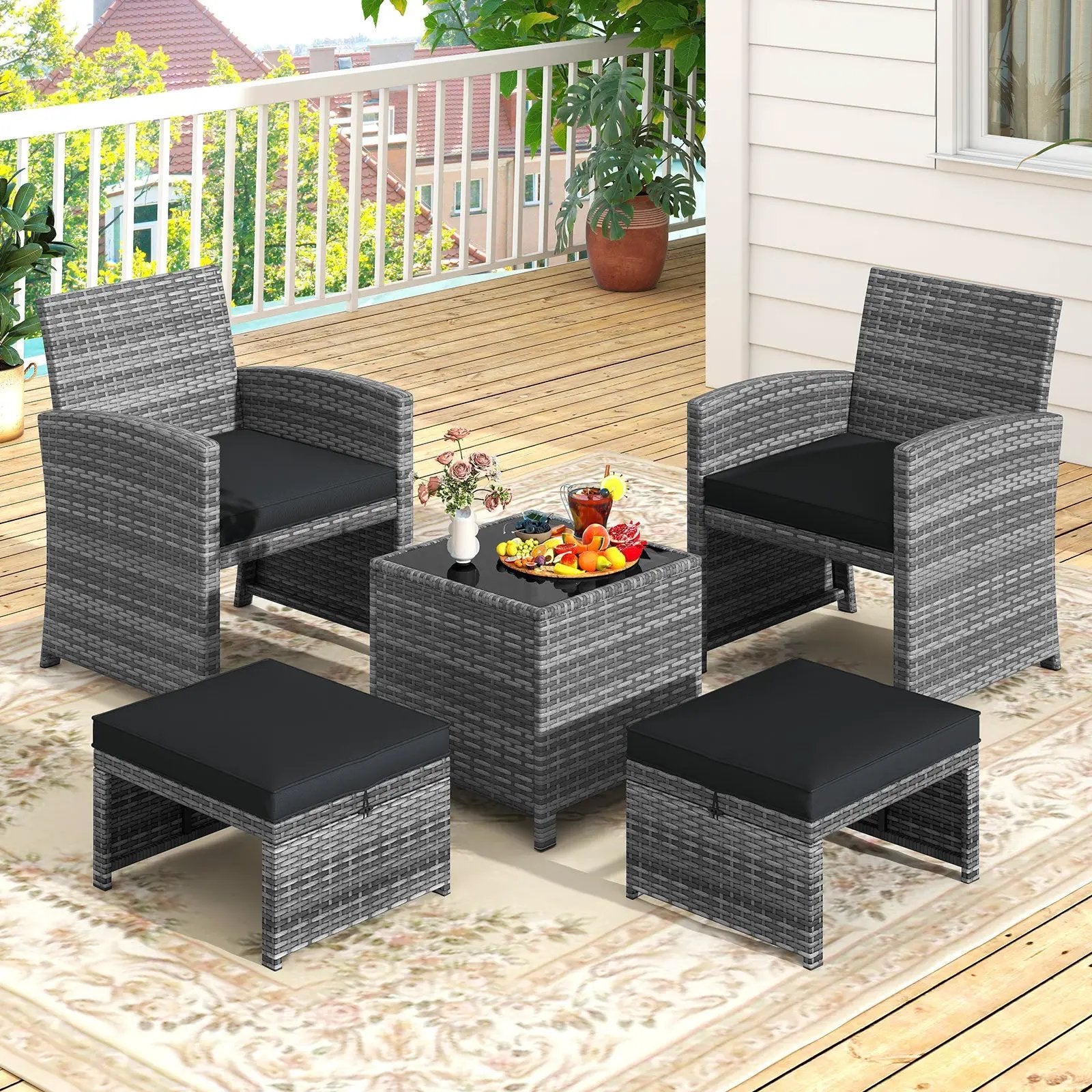 5 Pieces Patio Furniture Set PE Wicker Outdoor Lounge Chairs with 2 Ottomans by DirectDeals