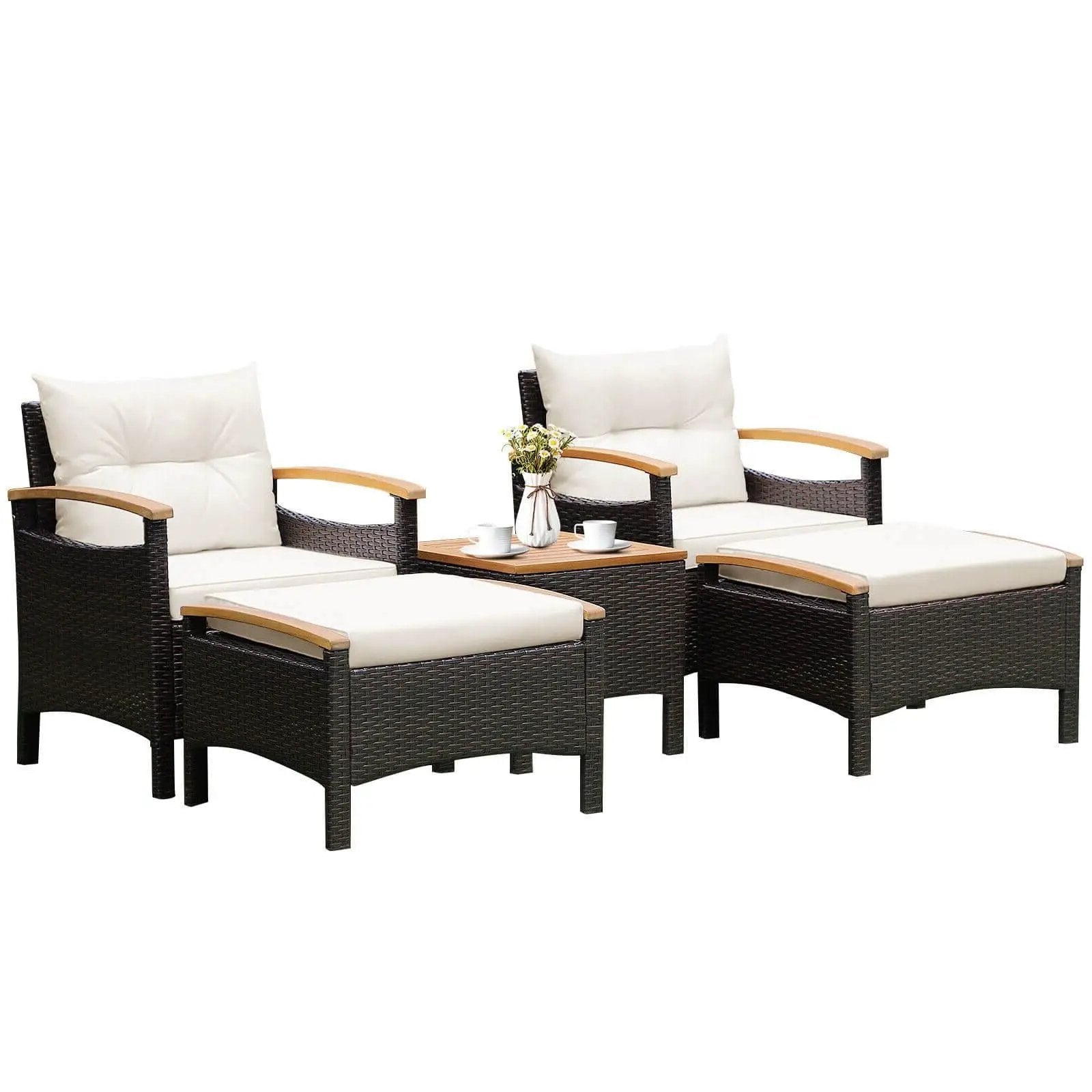 5 Pieces Patio Conversation Set with Cushions Coffee Table and 2 Ottomans by DirectDeals