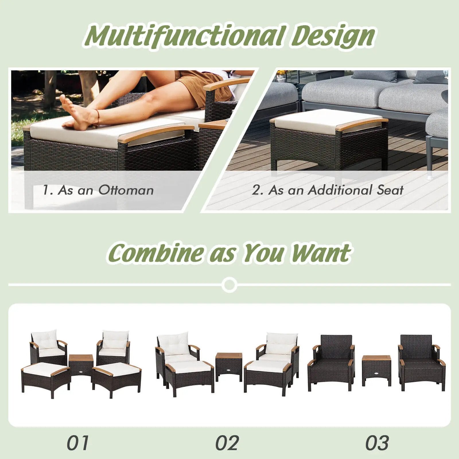 5 Pieces Patio Conversation Set with Cushions Coffee Table and 2 Ottomans by DirectDeals