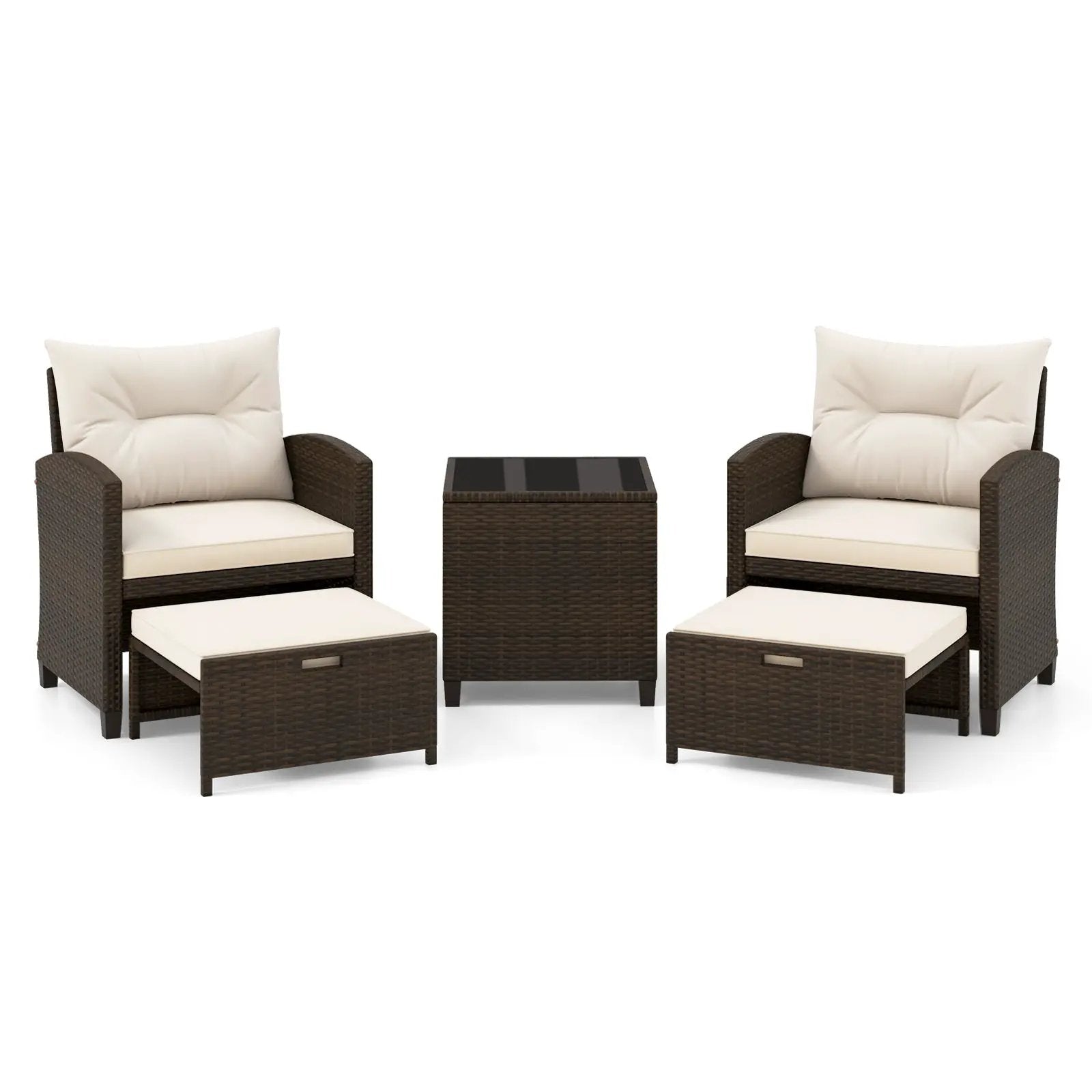5 Pieces Patio Rattan Furniture with 2 Ottomans and Tempered Glass Coffee Table-Red by DirectDeals