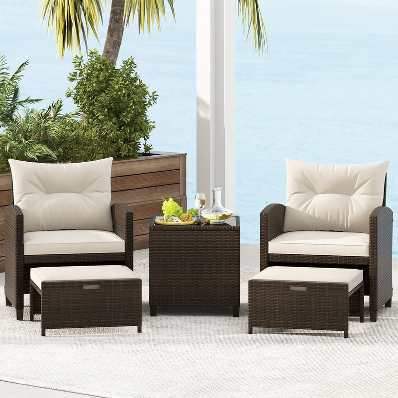 5 Pieces Patio Rattan Furniture with 2 Ottomans and Tempered Glass Coffee Table-Red by DirectDeals