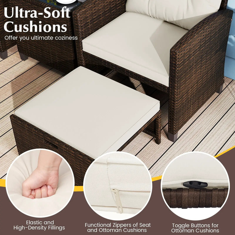 5 Pieces Patio Rattan Furniture with 2 Ottomans and Tempered Glass Coffee Table-Red by DirectDeals