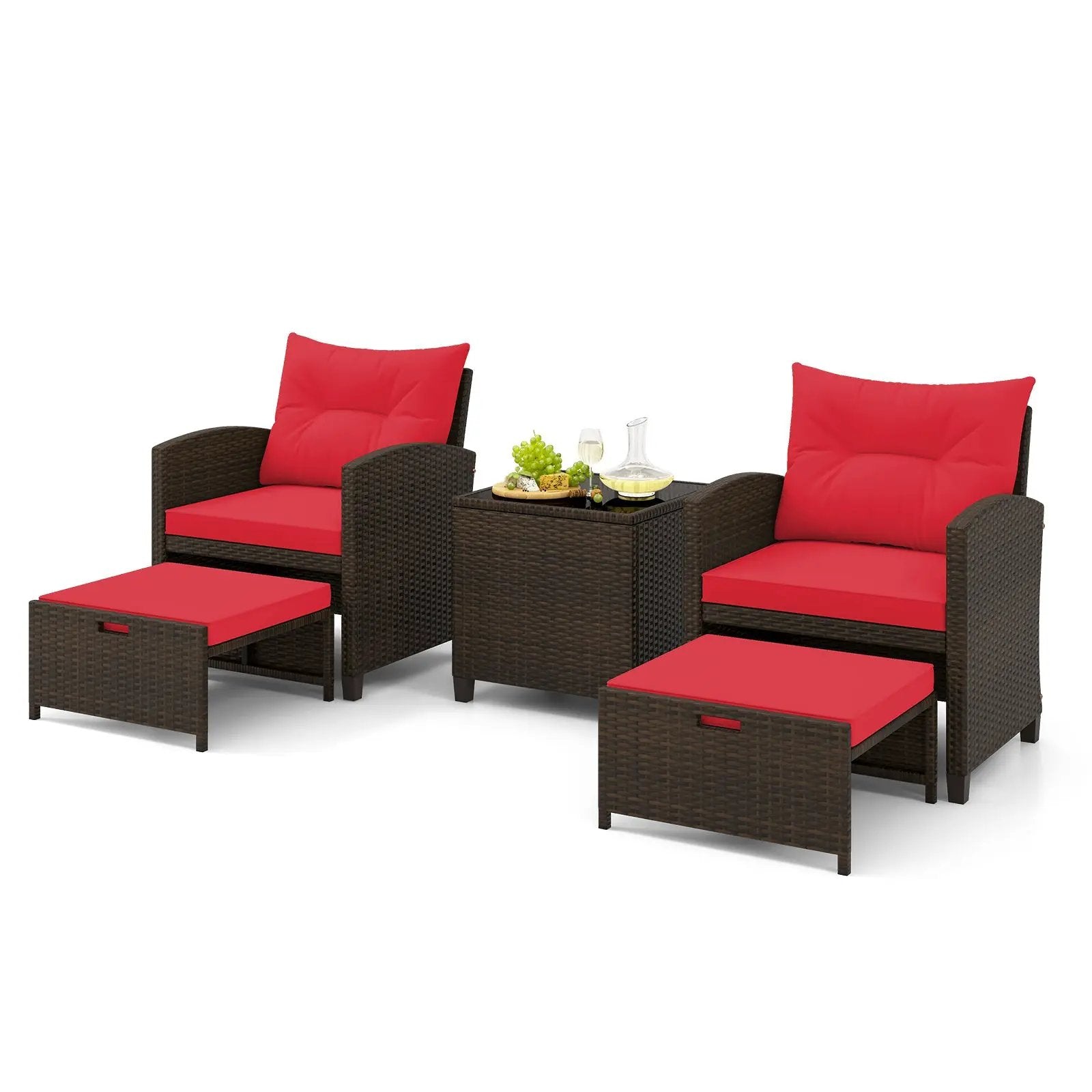 5 Pieces Patio Rattan Furniture with 2 Ottomans and Tempered Glass Coffee Table-Red by DirectDeals