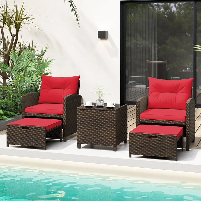 5 Pieces Patio Rattan Furniture with 2 Ottomans and Tempered Glass Coffee Table-Red by DirectDeals