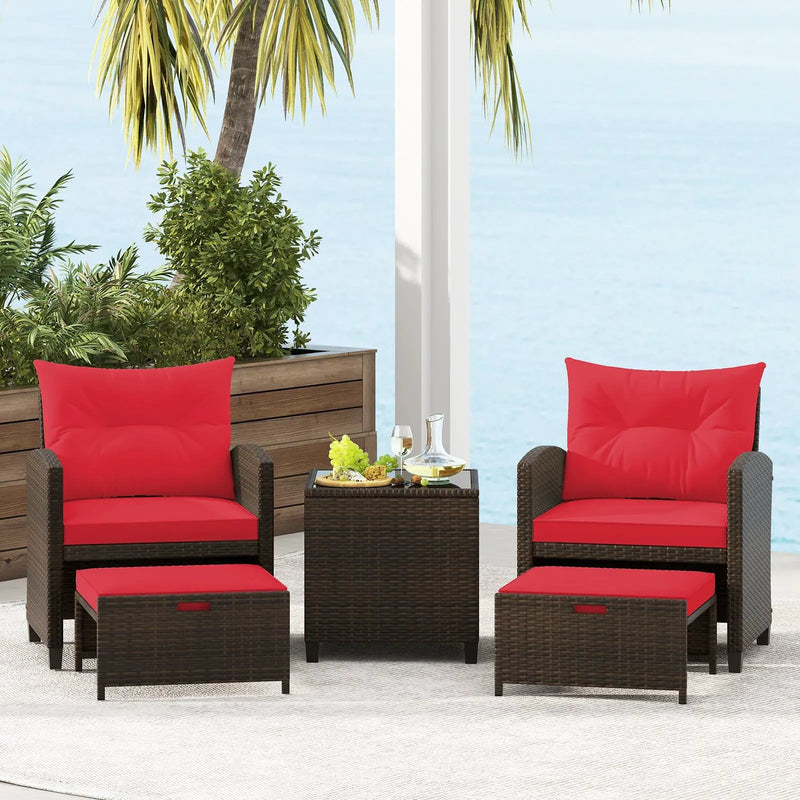 5 Pieces Patio Rattan Furniture with 2 Ottomans and Tempered Glass Coffee Table-Red by DirectDeals