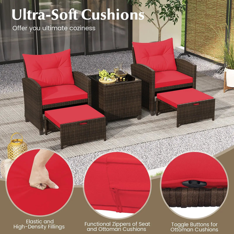 5 Pieces Patio Rattan Furniture with 2 Ottomans and Tempered Glass Coffee Table-Red by DirectDeals