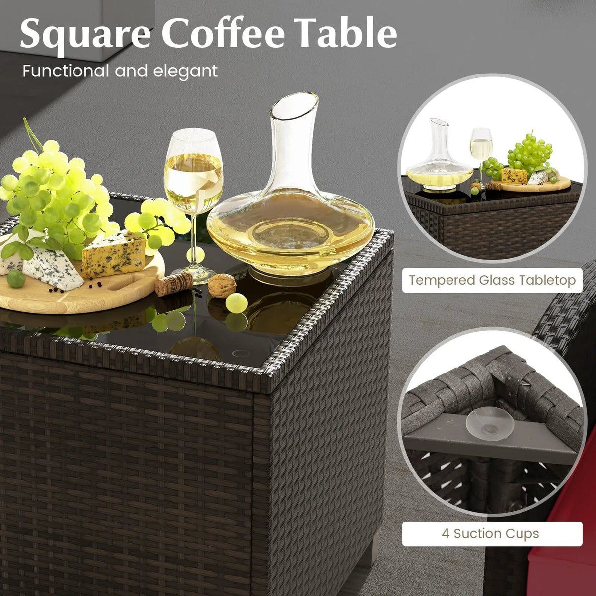 5 Pieces Patio Rattan Furniture with 2 Ottomans and Tempered Glass Coffee Table-Red, photo 13 of 50