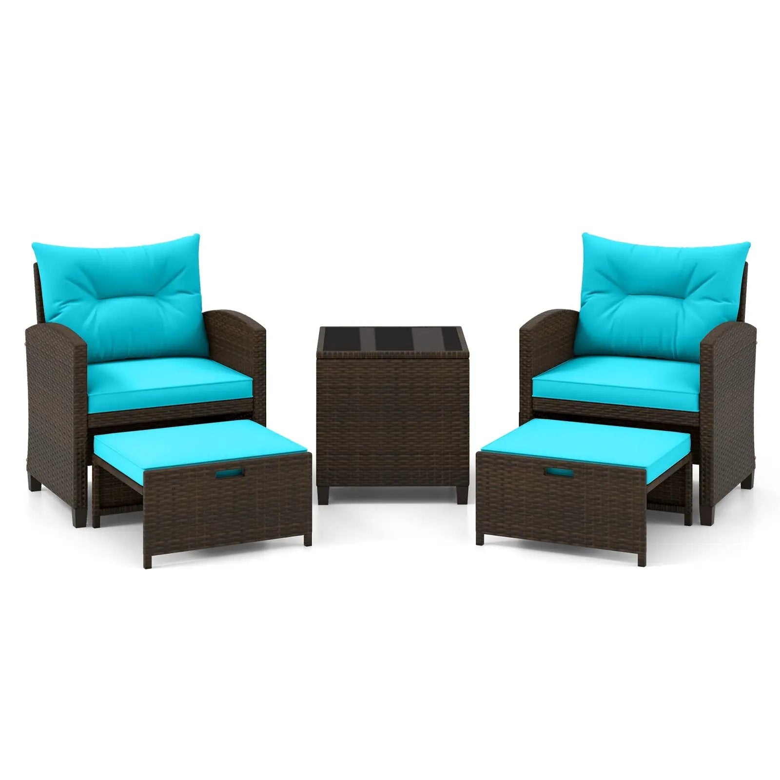 5 Pieces Patio Rattan Furniture with 2 Ottomans and Tempered Glass Coffee Table-Red by DirectDeals
