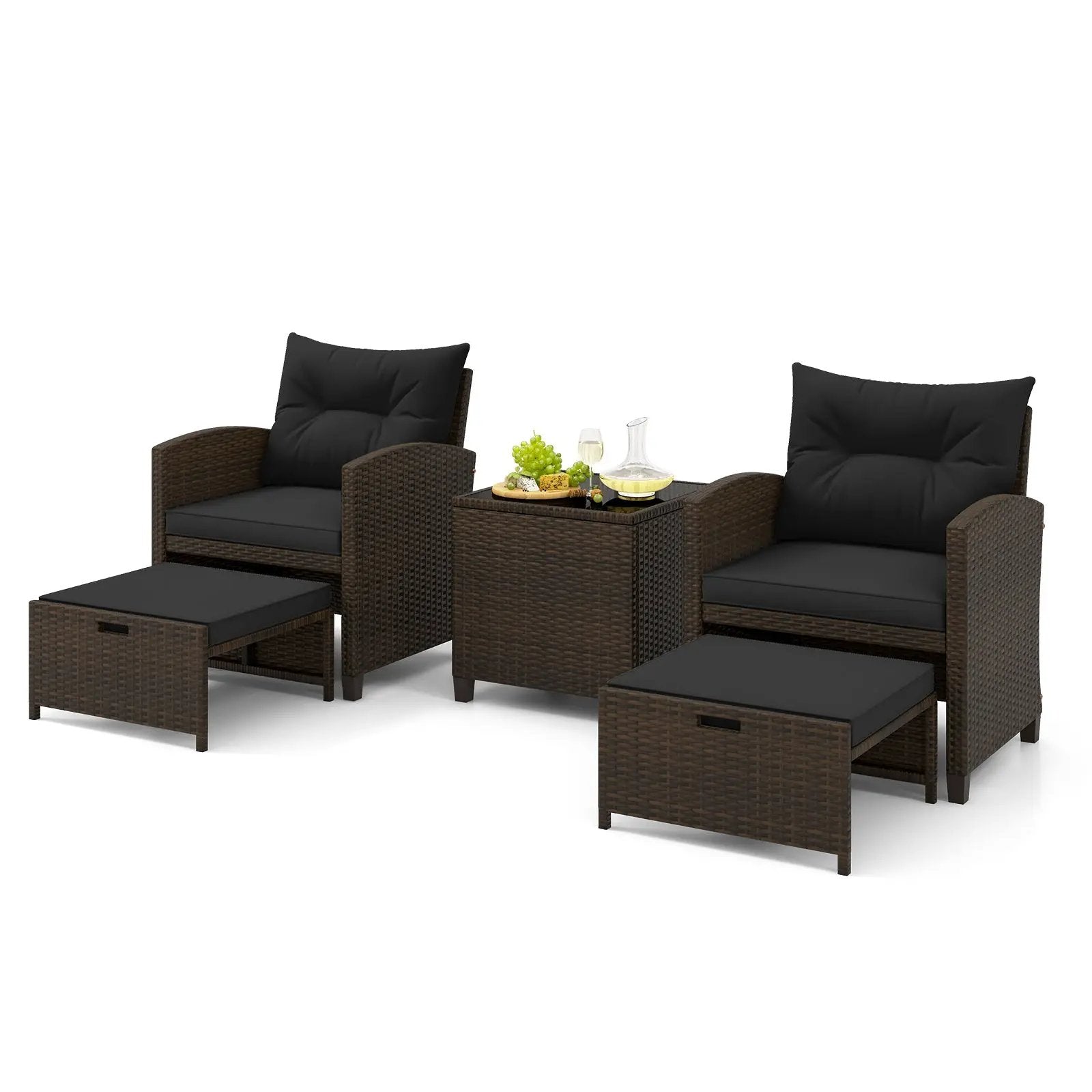 5 Pieces Patio Rattan Furniture with 2 Ottomans and Tempered Glass Coffee Table-Red by DirectDeals