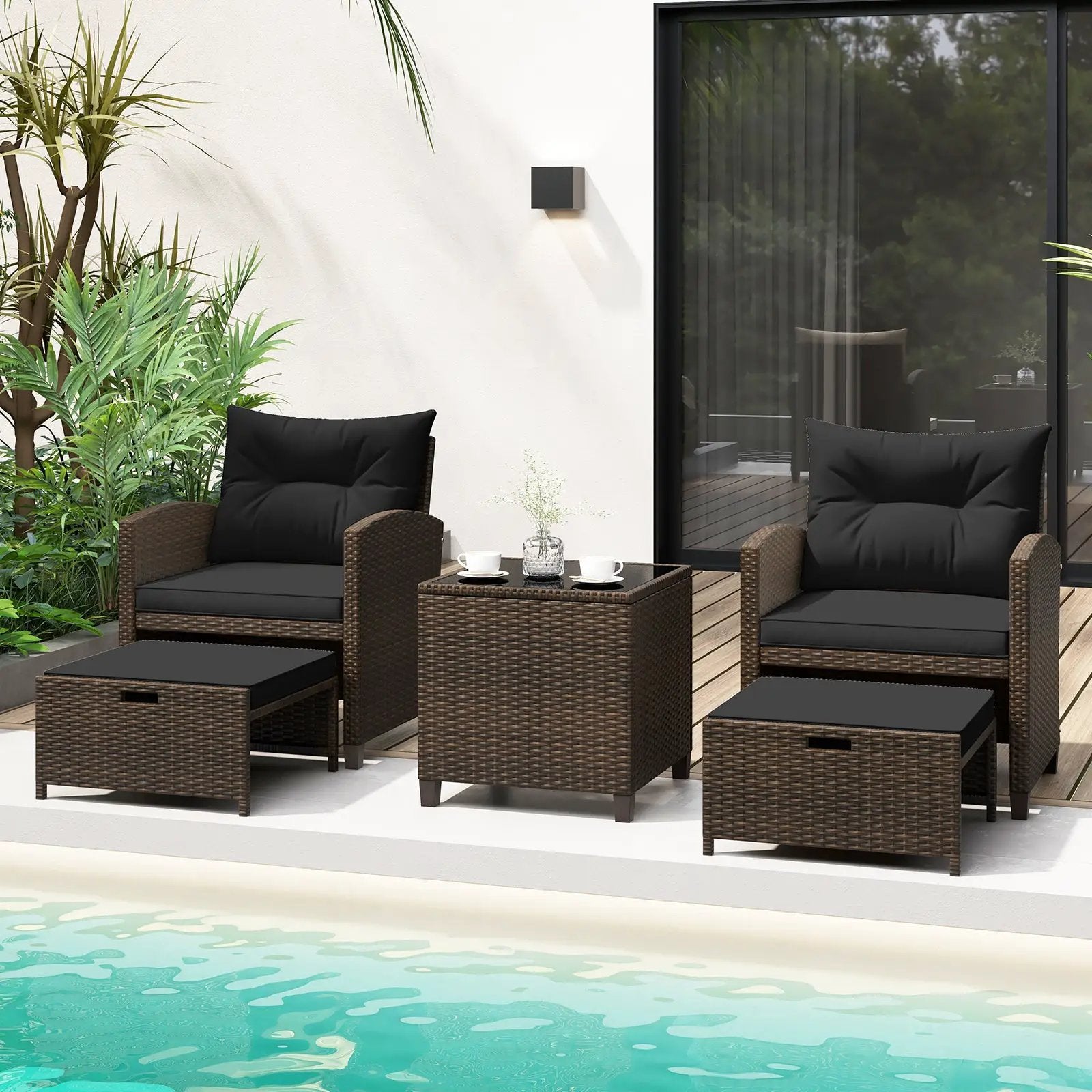5 Pieces Patio Rattan Furniture with 2 Ottomans and Tempered Glass Coffee Table-Red by DirectDeals