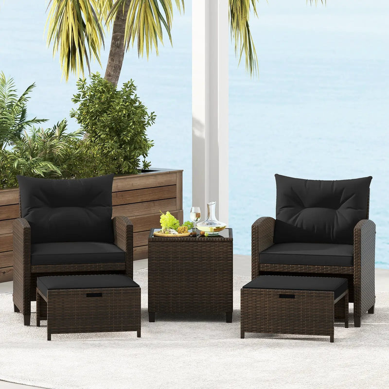 5 Pieces Patio Rattan Furniture with 2 Ottomans and Tempered Glass Coffee Table-Red by DirectDeals